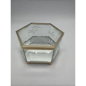 Etched Glass Trinket Box Footed Brass Beveled Glass Hinged Lid Mirrored Wedding